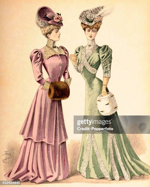 French vintage fashion illustration featuring two stylish ladies wearing day dresses, hats and muffs, published in Paris, circa February 1906.