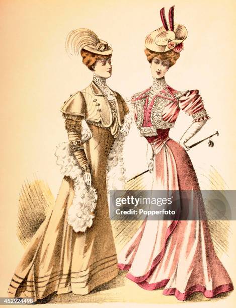 French vintage fashion illustration featuring two stylish ladies wearing day dresses and hats, published in Paris, circa May 1906.