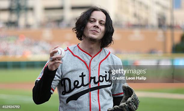 Musician and former Detroit native Jack White throws out the first pitch prior to the start of the game between the Chicago White Sox and the Detroit...