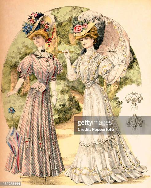 French vintage fashion illustration featuring two stylish ladies with ornate hats and parasols in a parkland setting, published in Paris, circa May...