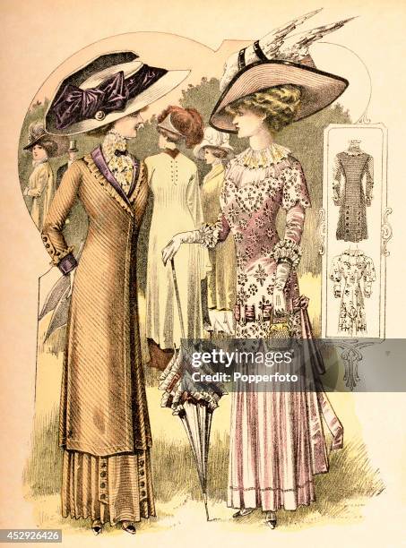 French vintage fashion illustration featuring five stylish ladies with ornate hats in a parkland setting, published in Paris, circa August 1909. The...