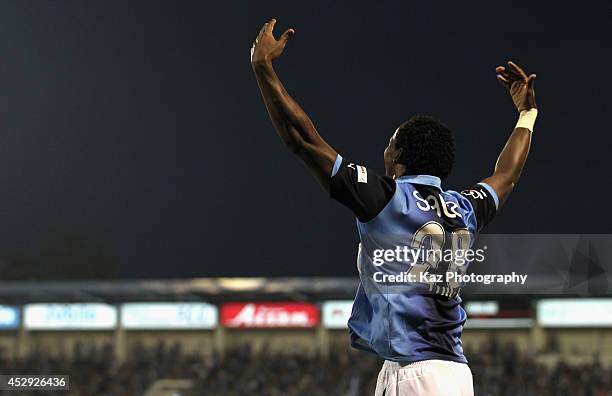 Tinga, whose real name is Paulo Cesar Fonseca do Nascimento celebrates scoring his team's first goal during the J. League second division match...