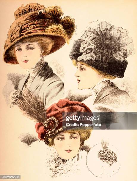 French vintage fashion illustration featuring three ladies wearing stlylish hats, published in Paris, circa October 1909. The sketch shows the back...