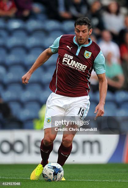 Lukas Jutkiewicz of Burnley in action during the pre season friendly match between Preston North End and Burnley at Deepdale on July 29, 2014 in...