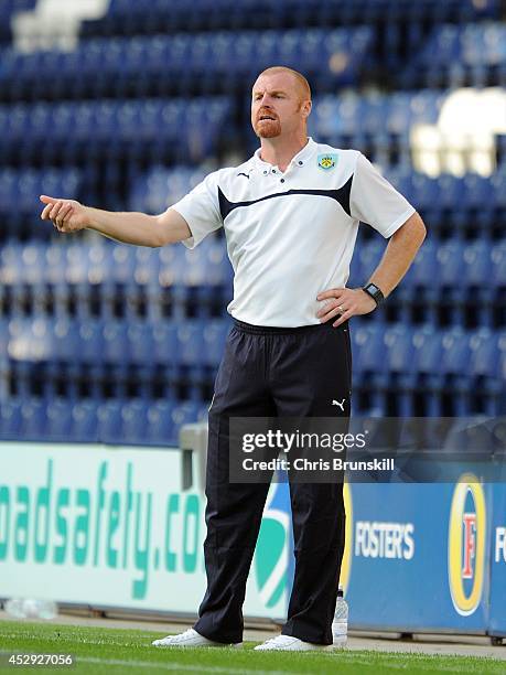 Burnley manager Sean Dyche gestures from the touchline during the pre season friendly match between Preston North End and Burnley at Deepdale on July...