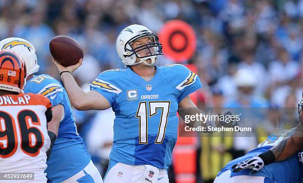 Quarterback Philip Rivers of the San Diego Chargers throws a pass against the Cincinnati Bengals at Qualcomm Stadium on December 1, 2013 in San...