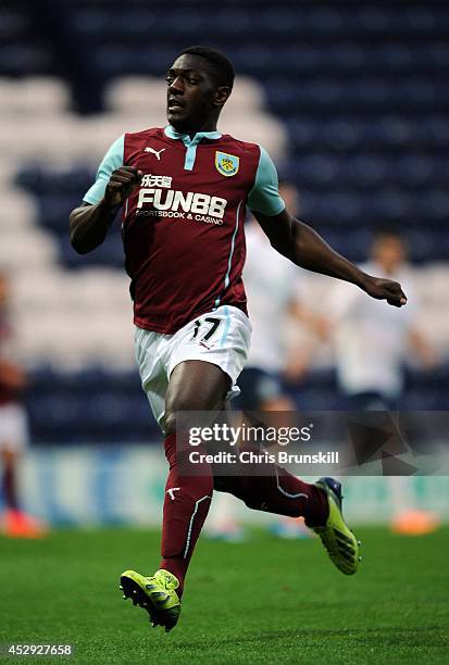 Marvin Sordell of Burnley in action during the pre season friendly match between Preston North End and Burnley at Deepdale on July 29, 2014 in...