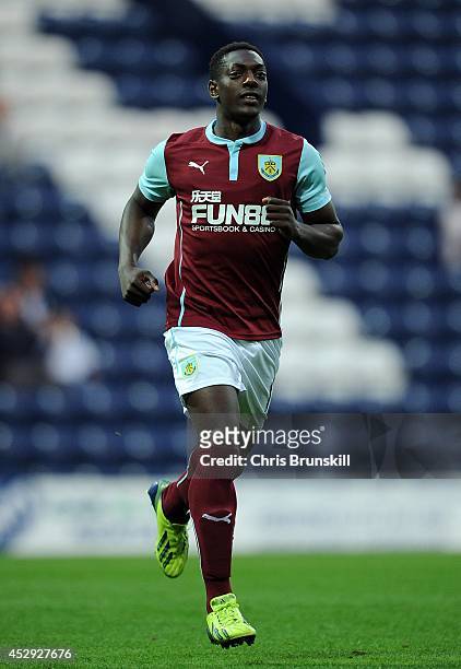 Marvin Sordell of Burnley in action during the pre season friendly match between Preston North End and Burnley at Deepdale on July 29, 2014 in...