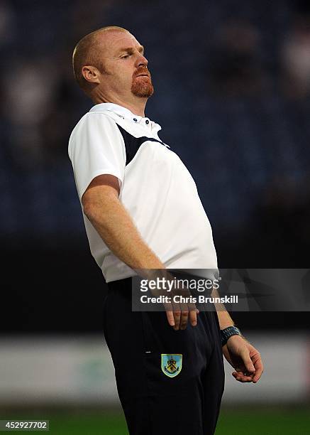 Burnley manager Sean Dyche reacts during the pre season friendly match between Preston North End and Burnley at Deepdale on July 29, 2014 in Preston,...