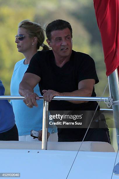 Saint-Tropez, FRANCE Sylvester Stallone arives in the harbour on July 29, 2014 in Saint-Tropez, France.