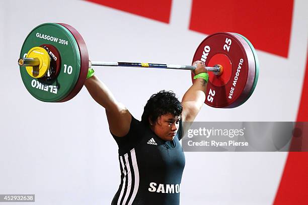 Iuniarra Sipaia of Samoa lifts in the Women's +75kg Group A at Clyde Auditorium during day seven of the Glasgow 2014 Commonwealth Games on July 30,...