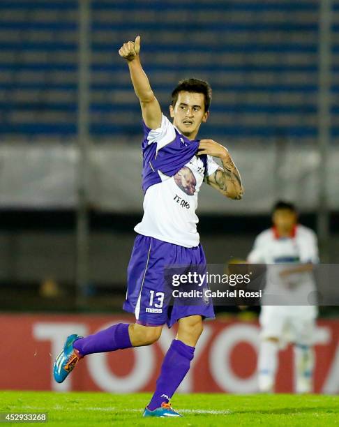 Adrian Luna of Defensor Sporting celebrates after scoring the first goal of his team during a second leg semifinal match between Defensor Sporting...