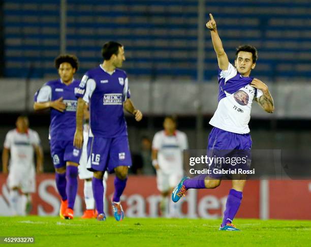 Adrian Luna of Defensor Sporting celebrates after scoring the first goal of his team during a second leg semifinal match between Defensor Sporting...