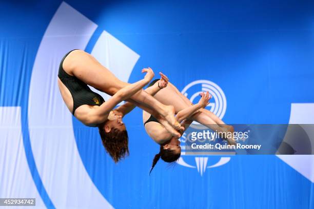 Maddison Keeney and Anabelle Smith of Australia competes in the Women's Synchronised 3m Springboard Final at Royal Commonwealth Pool during day seven...