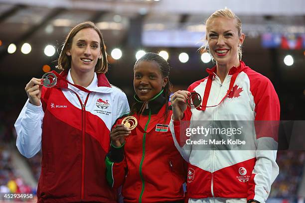 Silver medalist Laura Weightman of England, gold medalist Faith Chepngetich Kibiegon of Kenya and bronze medalist Kate van Buskirk of Canada pose on...