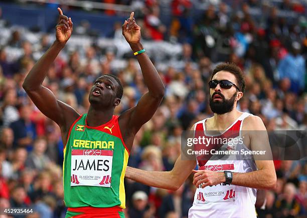 Kirani James of Grenada celebrates winning gold in the Men's 400 metres Final at Hampden Park during day seven of the Glasgow 2014 Commonwealth Games...