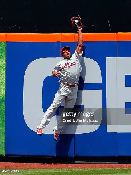 Ben Revere of the Philadelphia Phillies makes a fourth inning catch on a ball hit by Lucas Duda of the New York Mets at Citi Field on July 30, 2014...