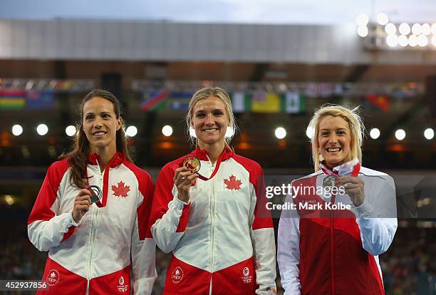 Silver medallist Jessica Zelinka of Canada, gold medallist Brianne Theisen-Eaton of Canada and bronze medallist Jessica Taylor of England pose on the...