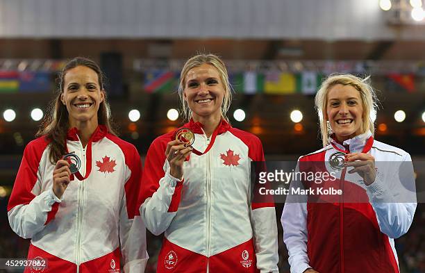 Silver medallist Jessica Zelinka of Canada, gold medallist Brianne Theisen-Eaton of Canada and bronze medallist Jessica Taylor of England pose on the...