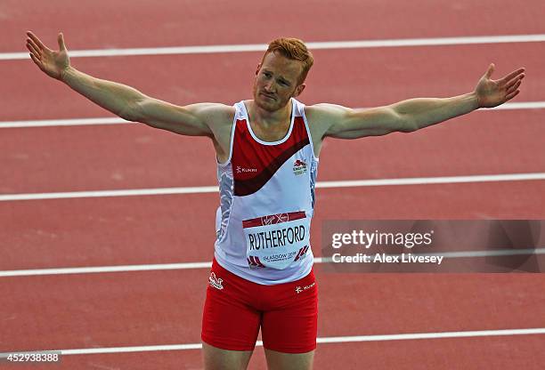 Greg Rutherford of England celebrates after a jump in the Men's Long Jump Final at Hampden Park during day seven of the Glasgow 2014 Commonwealth...