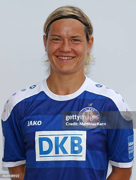 Jennifer Zietz poses during the 1.FFC Turbine Potsdam team presentation at Stadion am Luftschiffhafen on July 30, 2014 in Potsdam, Germany.