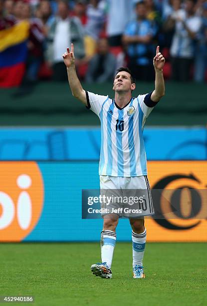 Lionel Messi of Argentina celebrates a goal against Nigeria at Estadio Beira-Rio on June 25, 2014 in Porto Alegre, Brazil.