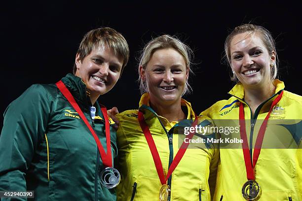 Silver medallist Sunette Viljoen of South Africa, gold medallist Kim Mickle of Australia and bronze medallist Kelsey-lee Roberts of Australia pose on...
