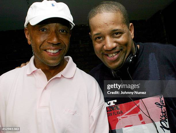 Russell Simmons and Lovebug Starski during House of Courvoisier and Phat Farm presents the Phat Classics Flavas Party New York City at Villa in New...