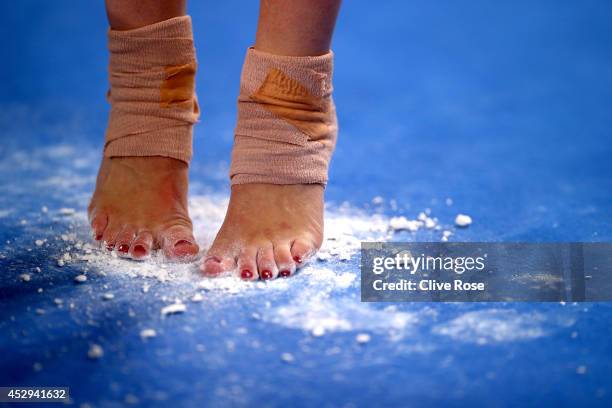 Ruby Harold of England prepares to compete in the Women's All-Around Final at the SECC Precinct during day seven of the Glasgow 2014 Commonwealth...