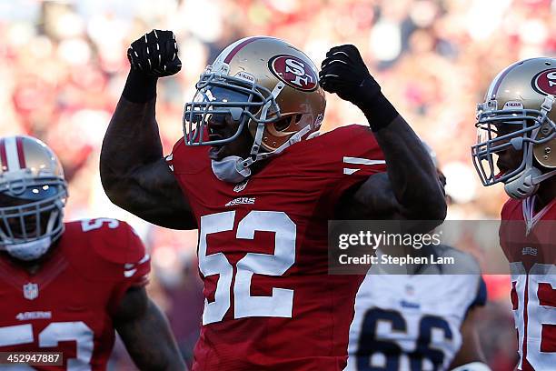 Linebacker Patrick Willis of the San Francisco 49ers gestures after sacking quarterback Kellen Clemens of the St. Louis Rams during the third quarter...