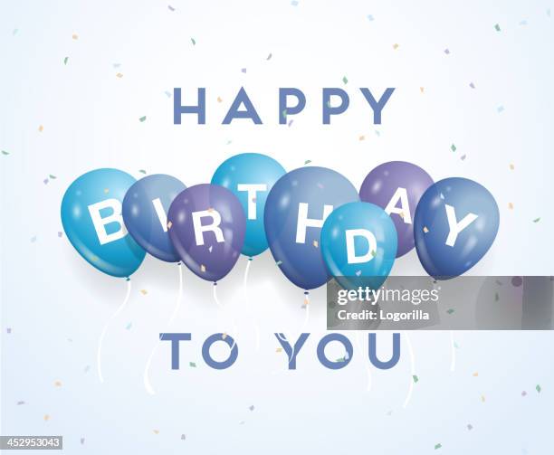 alles gute zum geburtstag ballons und konfetti - männliche person stock-grafiken, -clipart, -cartoons und -symbole