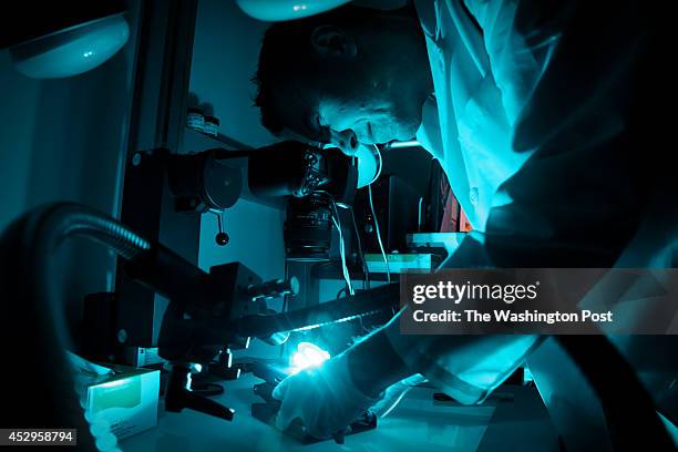 Latent fingerprints analyst demonstrates fingerprint analysis during a tour of the Va. Dept. Of Forensic Science Northern Va. Lab. Based largely on...