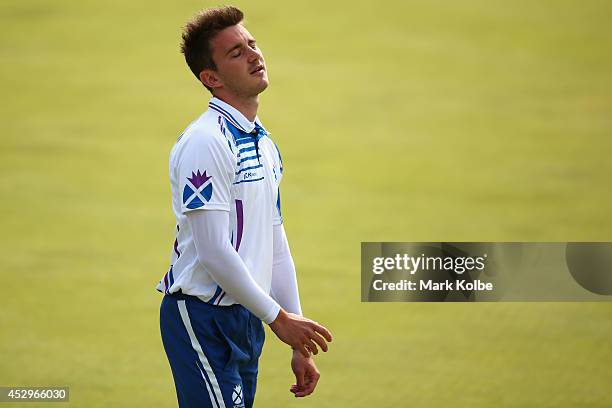 Kevin Wallace of Scotland looks dejected in the bronze medal Para-Sport Open Triples B6/B7/B8 lawn bowls match between England and Scotland at...