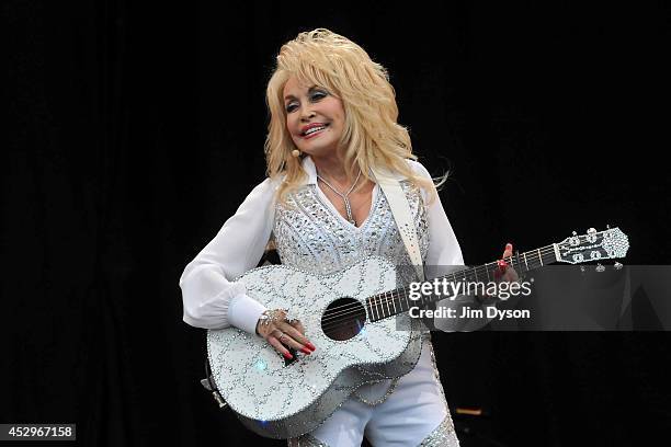 Dolly Parton performs on the Pyramid stage during day three of the Glastonbury Festival at Worthy Farm in Pilton on June 29, 2014 in Glastonbury,...