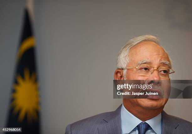 Malaysian Prime Minister Najib Razak makes a statement on July 31, 2014 in The Hague, Netherlands. Razak is in the Netherlands on a two-day working...