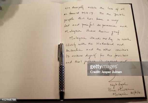 Close-up of the message writen by Malaysian Prime Minister Najib Razak in the book of condolence for the victims of Malaysia Airlines flight MH17 on...