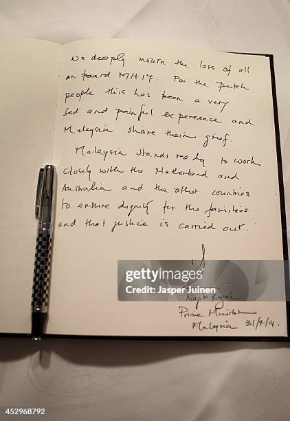 Close-up of the message writen by Malaysian Prime Minister Najib Razak in the book of condolence for the victims of Malaysia Airlines flight MH17 on...