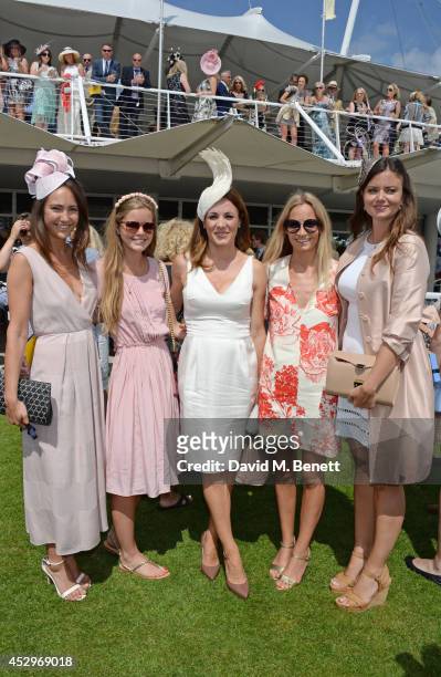 Lavinia Brennan, Katie Readman, Natalie Pinkham, Martha Ward and Lady Natasha Rufus Isaacs attend Glorious Goodwood Ladies Day at Goodwood on July...