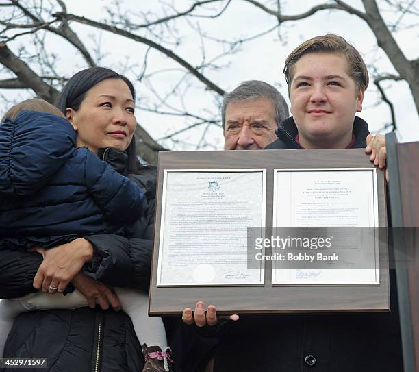 Michael Gandolfini, Deborah Lin and daughter Liliana Ruth Gandolfini attend the James Gandolfini Street Naming Ceremony on December 1, 2013 in Park...