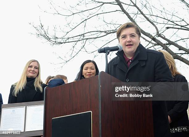 Marcy Wudarski, Michael Gandolfini, Deborah Lin and daughter Liliana Ruth Gandolfini attend the James Gandolfini Street Naming Ceremony on December...