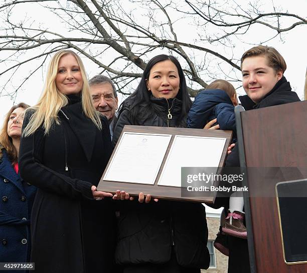 Marcy Wudarski, Michael Gandolfini, Deborah Lin and daughter Liliana Ruth Gandolfini attend the James Gandolfini Street Naming Ceremony on December...