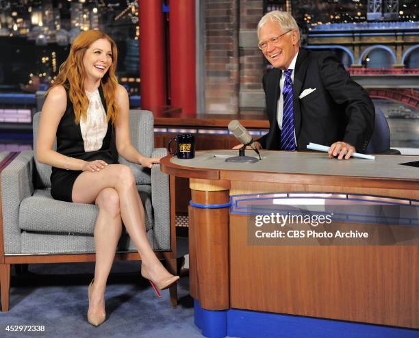 Rachelle Lefevre of the CBS show "Under the Dome" visits with Late Show host David Letterman during Monday's 7/28/14 show taping in New York.