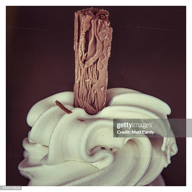 Ice cream with a chocolate flake is seen on July 30, 2014 in Weymouth, England. Figures released by the Met Office show that this July is likely to...