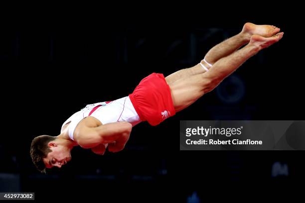 Gold medallist Max Whitlock of England competes in the Men's Floor Final during day eight of the Glasgow 2014 Commonwealth Games on July 31, 2014 in...