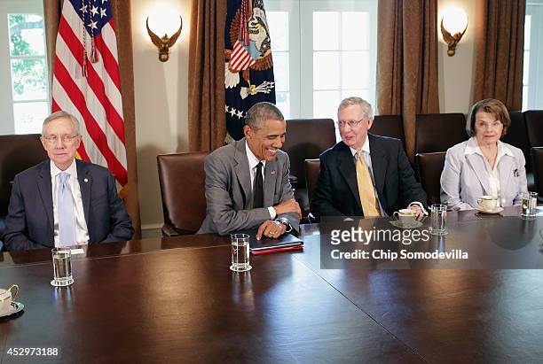 President Barack Obama meets with Senate Majority Leader Harry Reid , Senate Minority Leader Mitch McConnell , Senate Select Committee on...