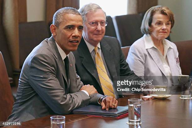 President Barack Obama meets with Senate Minority Leader Mitch McConnell , Senate Select Committee on Intelligence Chair Dianne Feinstein and other...