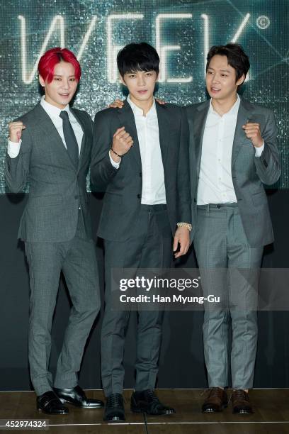 Kim Jun-Su, Kim Jae-Joong and Park Yoo-Chun of South Korean boy band JYJ attend during the opening ceremony of the 2014 JYJ Membership Week at COEX...