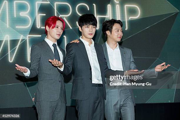 Kim Jun-Su, Kim Jae-Joong and Park Yoo-Chun of South Korean boy band JYJ attend during the opening ceremony of the 2014 JYJ Membership Week at COEX...