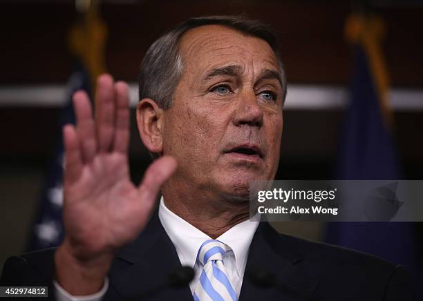 Speaker of the House Rep. John Boehner speaks during a press briefing July 31, 2014 on Capitol Hill in Washington, DC. Boehner held his weekly news...