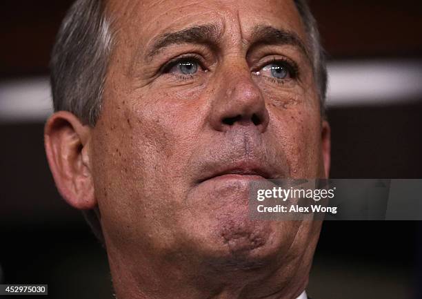 Speaker of the House Rep. John Boehner pauses during a press briefing July 31, 2014 on Capitol Hill in Washington, DC. Boehner held his weekly news...
